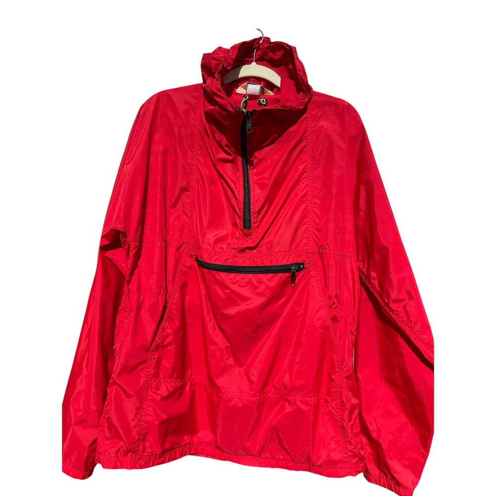 VTG LL Bean‎ Anorak Rain Jacket Pulliver Pockets Retro Hooded 1/2 Zip Red Nylon